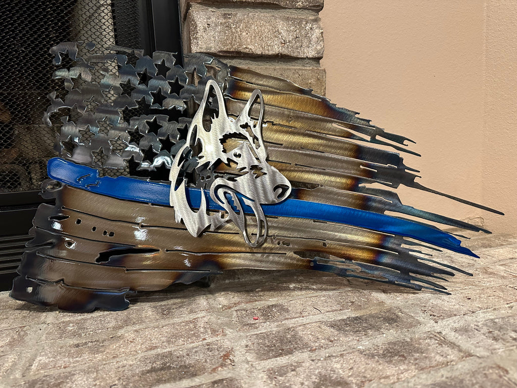 Tattered American Flag -  K9 with Blue Line Edition